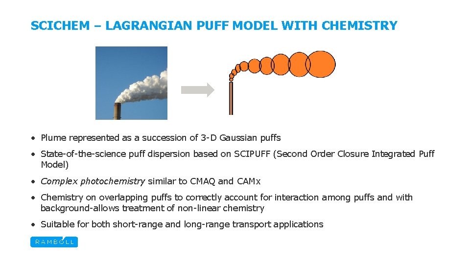 SCICHEM – LAGRANGIAN PUFF MODEL WITH CHEMISTRY • Plume represented as a succession of