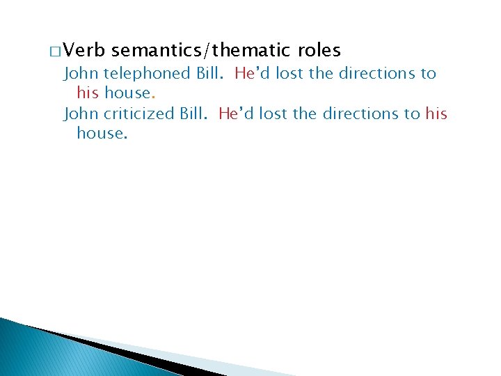 � Verb semantics/thematic roles John telephoned Bill. He’d lost the directions to his house.