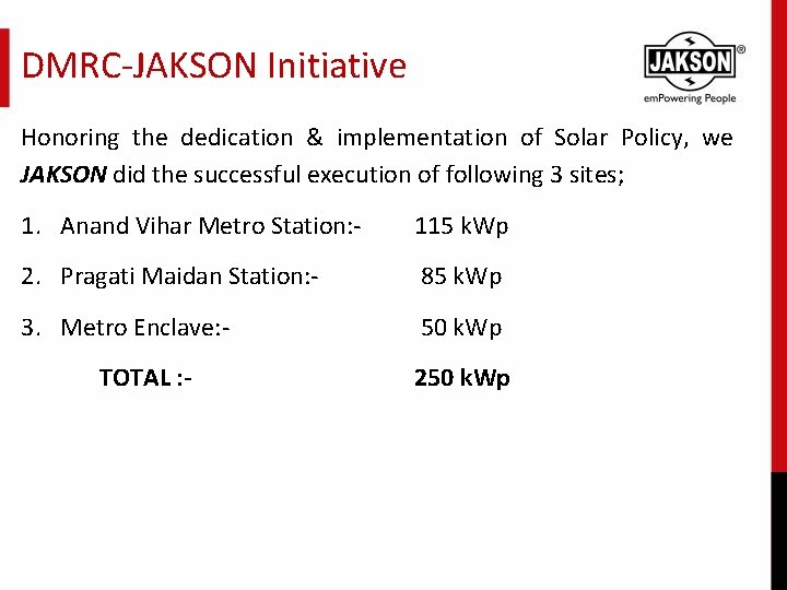 DMRC-JAKSON Initiative Honoring the dedication & implementation of Solar Policy, we JAKSON did the
