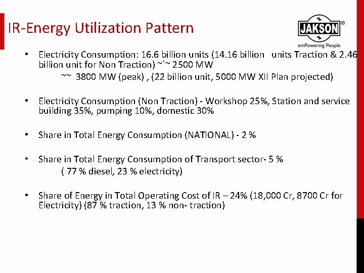 IR-Energy Utilization Pattern • Electricity Consumption: 16. 6 billion units (14. 16 billion units