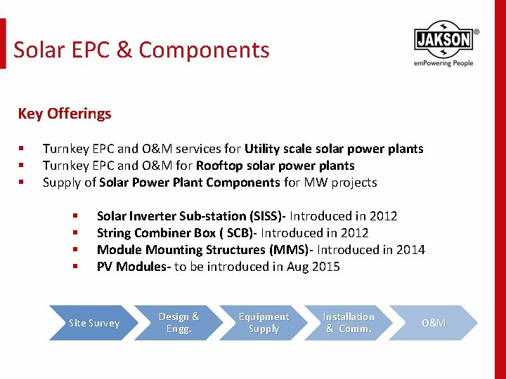 Solar EPC & Components Key Offerings § § § Turnkey EPC and O&M services