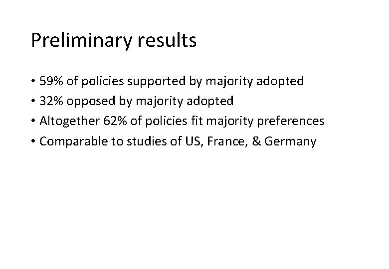 Preliminary results • 59% of policies supported by majority adopted • 32% opposed by