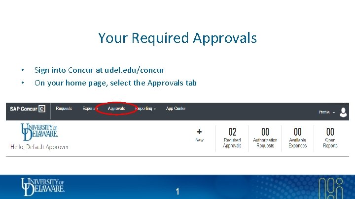 Your Required Approvals • • Sign into Concur at udel. edu/concur On your home