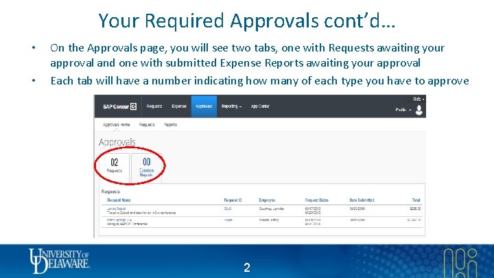 Your Required Approvals cont’d… • • On the Approvals page, you will see two