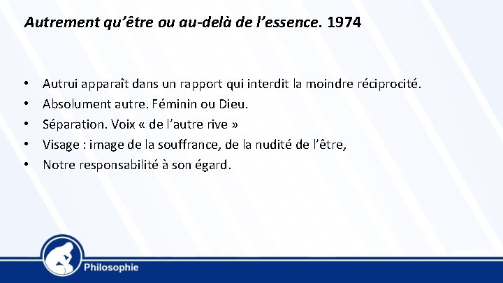 Autrement qu’être ou au-delà de l’essence. 1974 • • • Autrui apparaît dans un