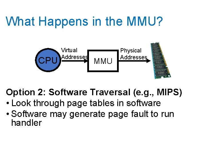 What Happens in the MMU? CPU Virtual Addresses MMU Physical Addresses Option 2: Software