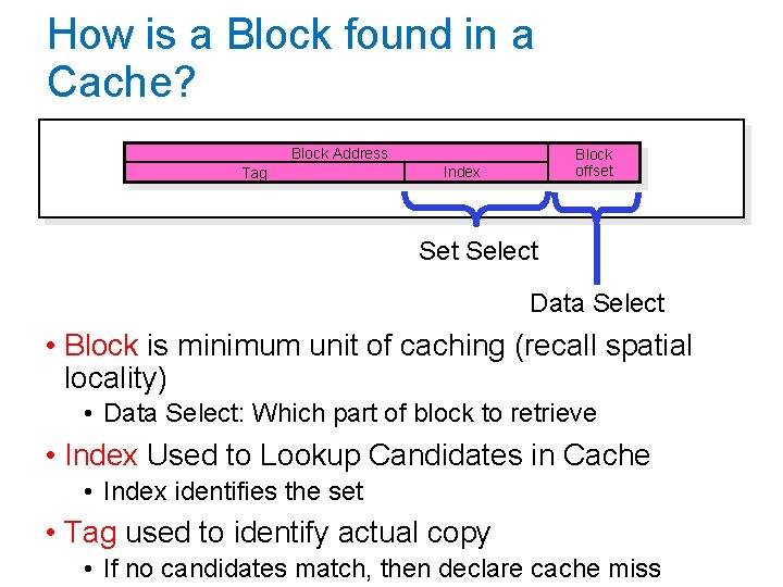 How is a Block found in a Cache? Block Address Tag Block offset Index