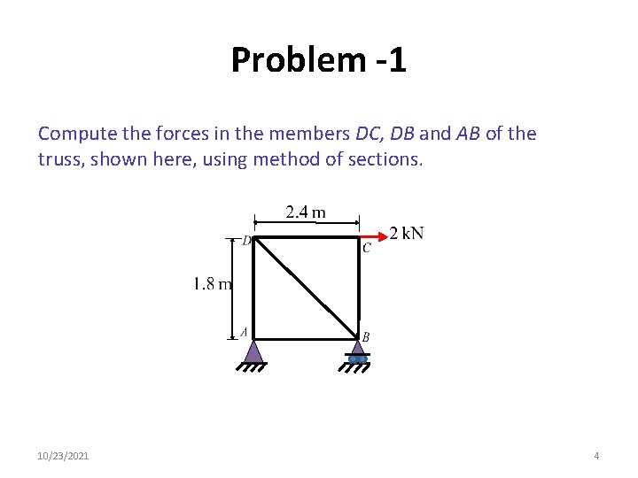 Problem -1 Compute the forces in the members DC, DB and AB of the