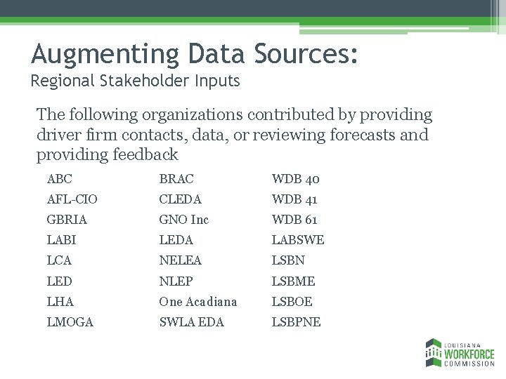 Augmenting Data Sources: Regional Stakeholder Inputs The following organizations contributed by providing driver firm
