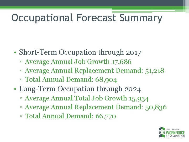 Occupational Forecast Summary • Short-Term Occupation through 2017 ▫ Average Annual Job Growth 17,