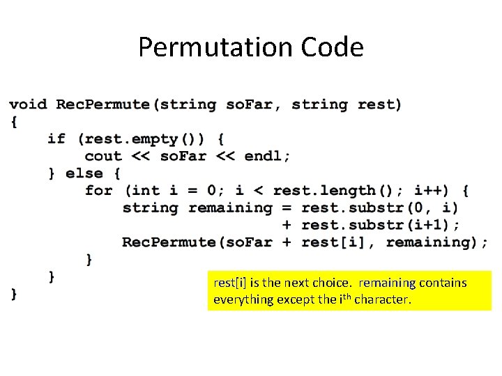 Permutation Code rest[i] is the next choice. remaining contains everything except the ith character.