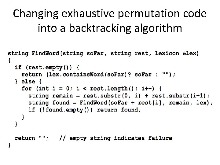 Changing exhaustive permutation code into a backtracking algorithm 