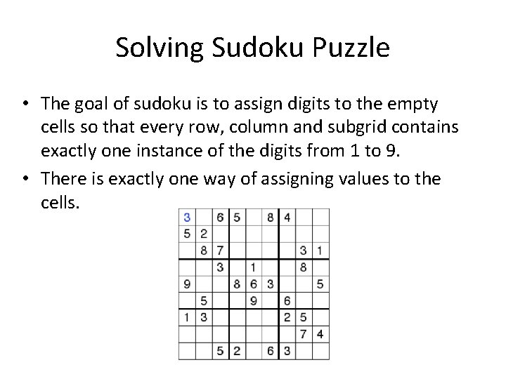 Solving Sudoku Puzzle • The goal of sudoku is to assign digits to the
