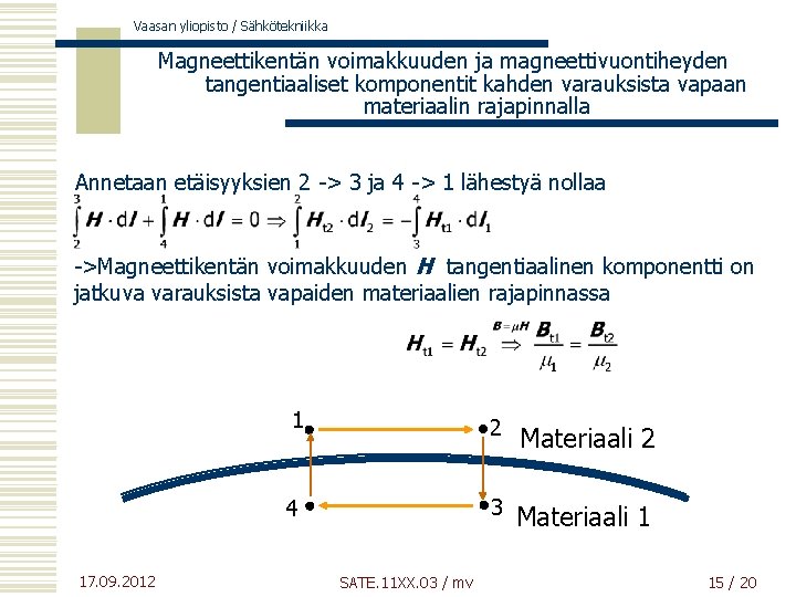 Vaasan yliopisto / Sähkötekniikka Magneettikentän voimakkuuden ja magneettivuontiheyden tangentiaaliset komponentit kahden varauksista vapaan materiaalin