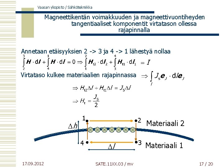 Vaasan yliopisto / Sähkötekniikka Magneettikentän voimakkuuden ja magneettivuontiheyden tangentiaaliset komponentit virtatason ollessa rajapinnalla Annetaan