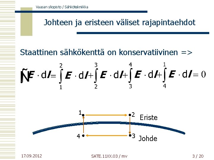 Vaasan yliopisto / Sähkötekniikka Johteen ja eristeen väliset rajapintaehdot Staattinen sähkökenttä on konservatiivinen =>