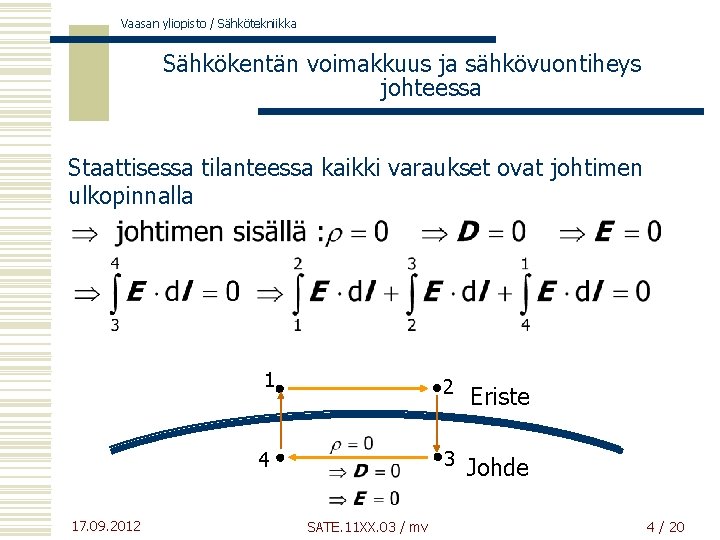 Vaasan yliopisto / Sähkötekniikka Sähkökentän voimakkuus ja sähkövuontiheys johteessa Staattisessa tilanteessa kaikki varaukset ovat