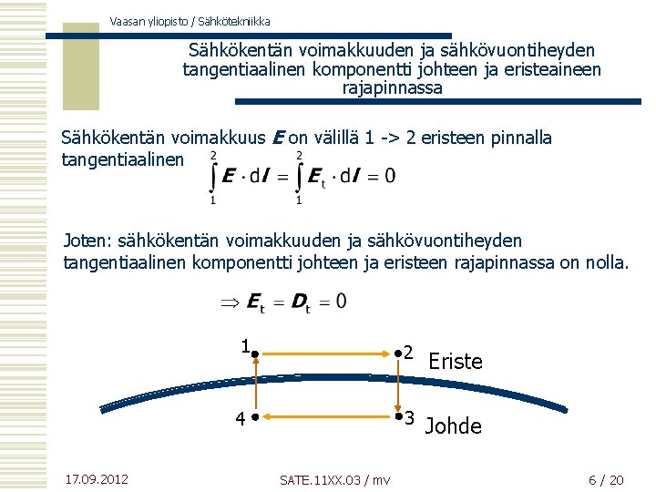 Vaasan yliopisto / Sähkötekniikka Sähkökentän voimakkuuden ja sähkövuontiheyden tangentiaalinen komponentti johteen ja eristeaineen rajapinnassa