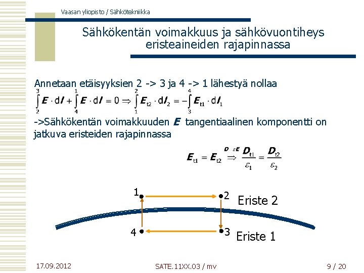 Vaasan yliopisto / Sähkötekniikka Sähkökentän voimakkuus ja sähkövuontiheys eristeaineiden rajapinnassa Annetaan etäisyyksien 2 ->