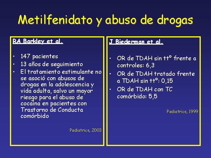 Metilfenidato y abuso de drogas RA Barkley et al. J Biederman et al. •