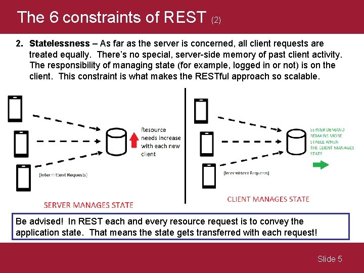 The 6 constraints of REST (2) 2. Statelessness – As far as the server