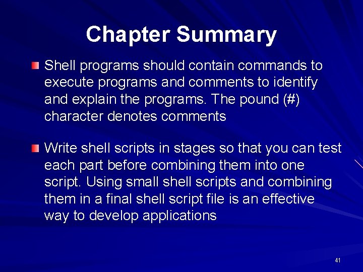 Chapter Summary Shell programs should contain commands to execute programs and comments to identify Chapter Summary Shell programs should contain commands to execute programs and comments to identify