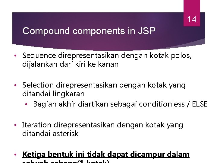 14 Compound components in JSP • Sequence direpresentasikan dengan kotak polos, dijalankan dari kiri