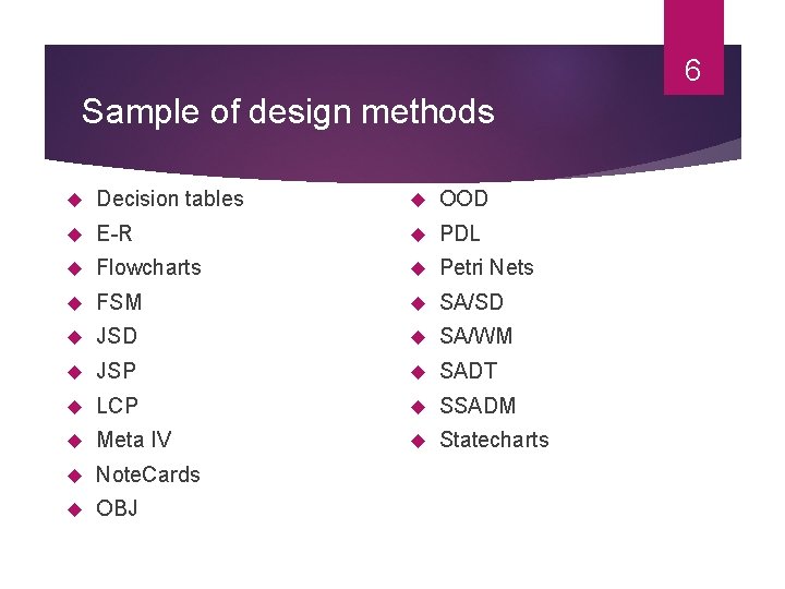 6 Sample of design methods Decision tables OOD E-R PDL Flowcharts Petri Nets FSM