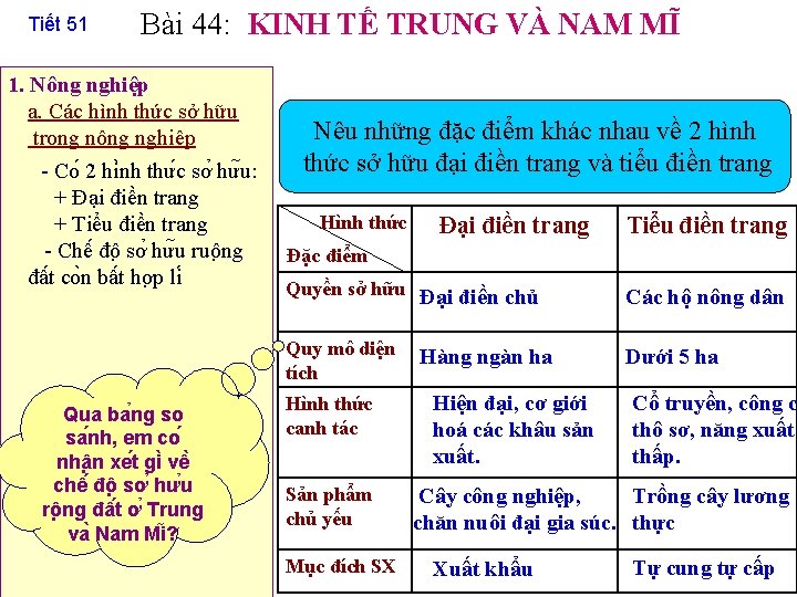 Tiết 51 Bài 44: KINH TẾ TRUNG VÀ NAM MĨ 1. Nông nghiệp a.