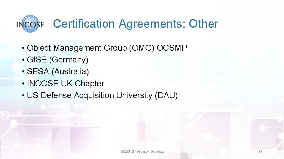 Certification Agreements: Other • Object Management Group (OMG) OCSMP • Gf. SE (Germany) •