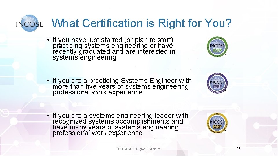 What Certification is Right for You? • If you have just started (or plan