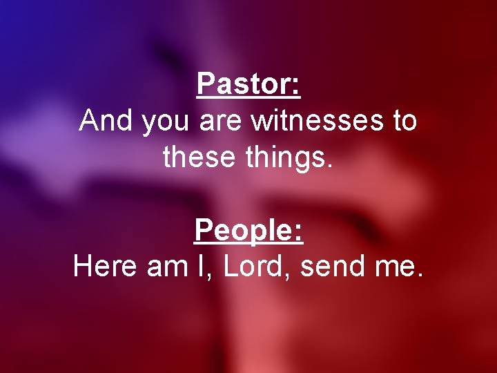 Pastor: And you are witnesses to these things. People: Here am I, Lord, send