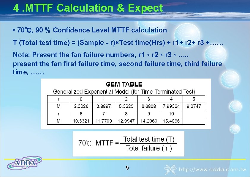 4. MTTF Calculation & Expect • 70℃, 90 % Confidence Level MTTF calculation T