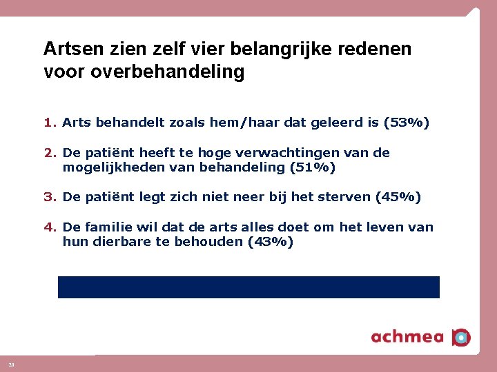 Artsen zien zelf vier belangrijke redenen voor overbehandeling 1. Arts behandelt zoals hem/haar dat