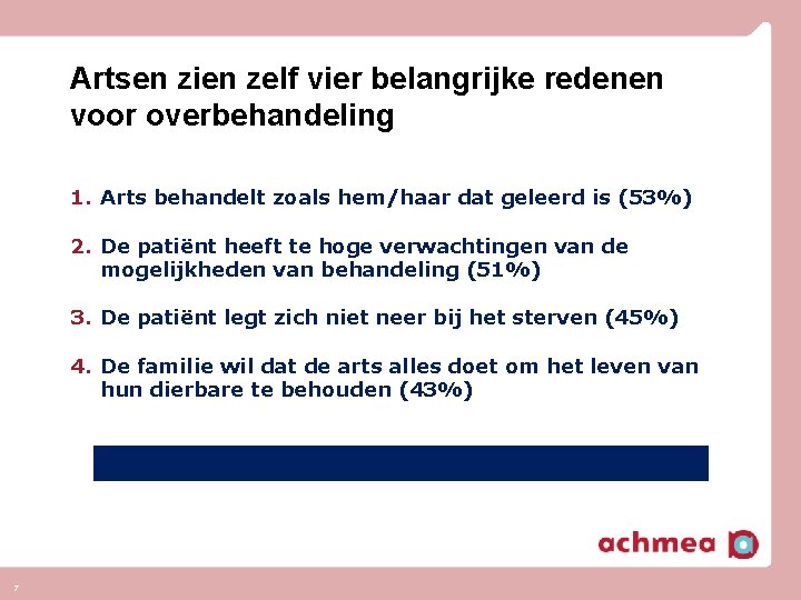 Artsen zien zelf vier belangrijke redenen voor overbehandeling 1. Arts behandelt zoals hem/haar dat