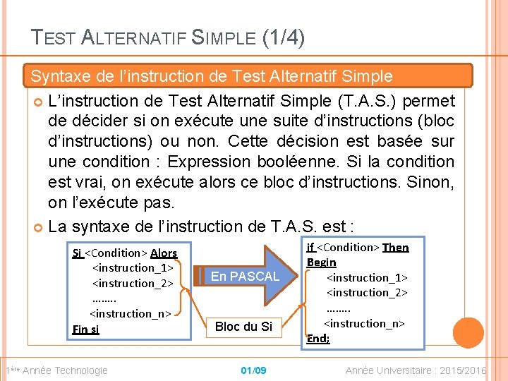 TEST ALTERNATIF SIMPLE (1/4) Syntaxe de l’instruction de Test Alternatif Simple L’instruction de Test