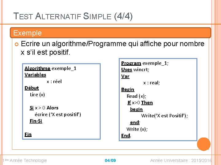 TEST ALTERNATIF SIMPLE (4/4) Exemple Ecrire un algorithme/Programme qui affiche pour nombre x s’il