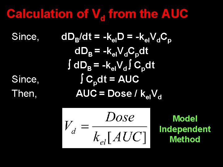 Calculation of Vd from the AUC Since, Then, d. DB/dt = -kel. D =