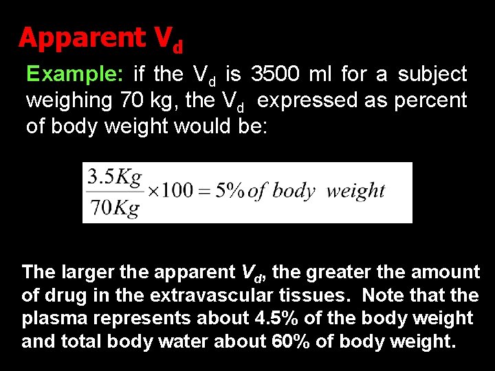 Apparent Vd Example: if the Vd is 3500 ml for a subject weighing 70