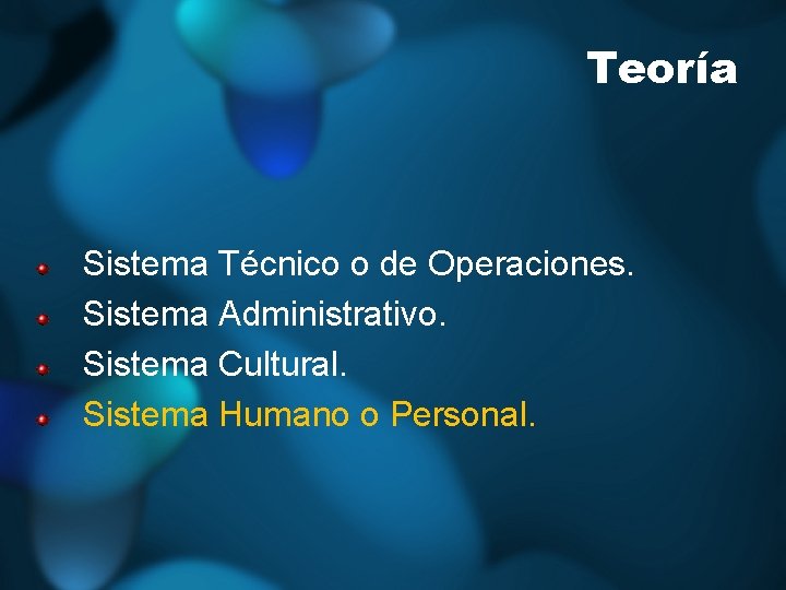Teoría Sistema Técnico o de Operaciones. Sistema Administrativo. Sistema Cultural. Sistema Humano o Personal.