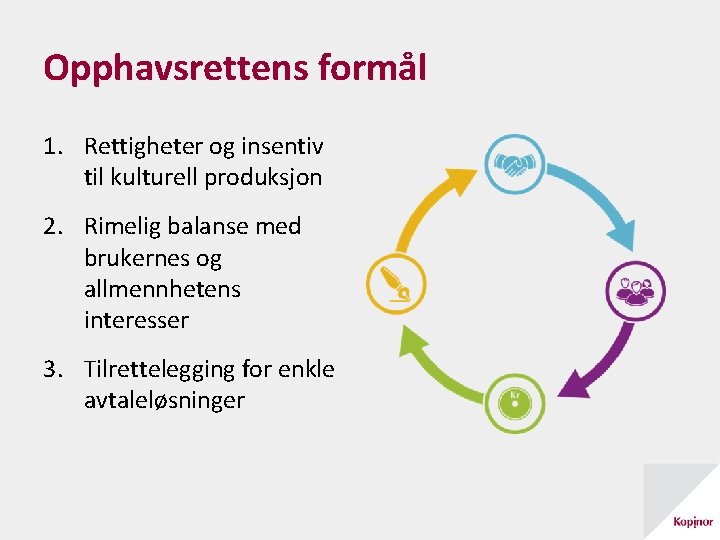 Opphavsrettens formål 1. Rettigheter og insentiv til kulturell produksjon 2. Rimelig balanse med brukernes