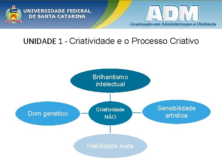 UNIDADE 1 - Criatividade e o Processo Criativo Brilhantismo intelectual Dom genético Criatividade NÃO