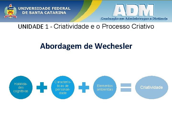 UNIDADE 1 - Criatividade e o Processo Criativo Abordagem de Wechesler Habilidades cognitivas Características