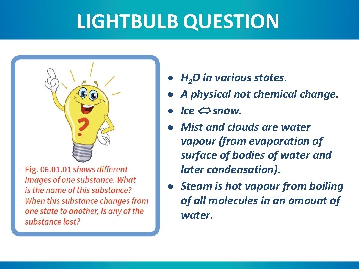 LIGHTBULB QUESTION H 2 O in various states. A physical not chemical change. Ice