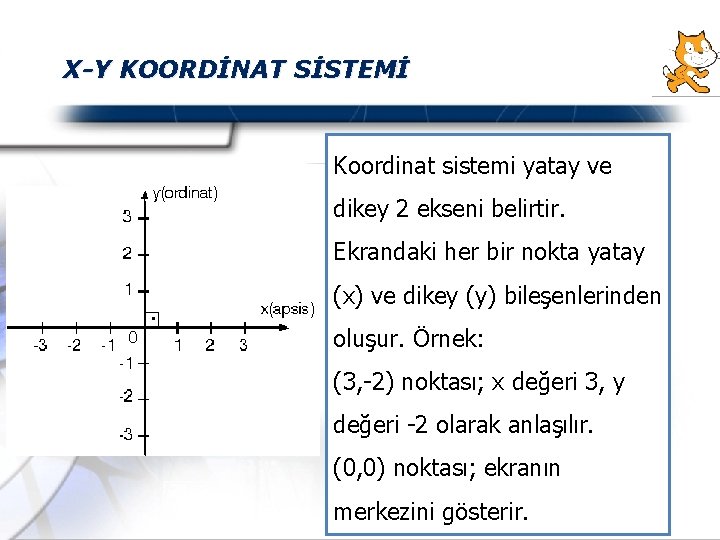 X-Y KOORDİNAT SİSTEMİ Koordinat sistemi yatay ve dikey 2 ekseni belirtir. Ekrandaki her bir