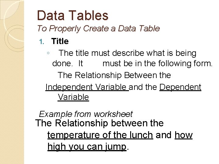 Data Tables To Properly Create a Data Table 1. Title ◦ The title must