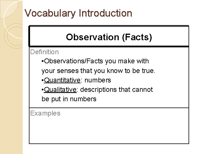 Vocabulary Introduction Observation (Facts) Definition • Observations/Facts you make with your senses that you