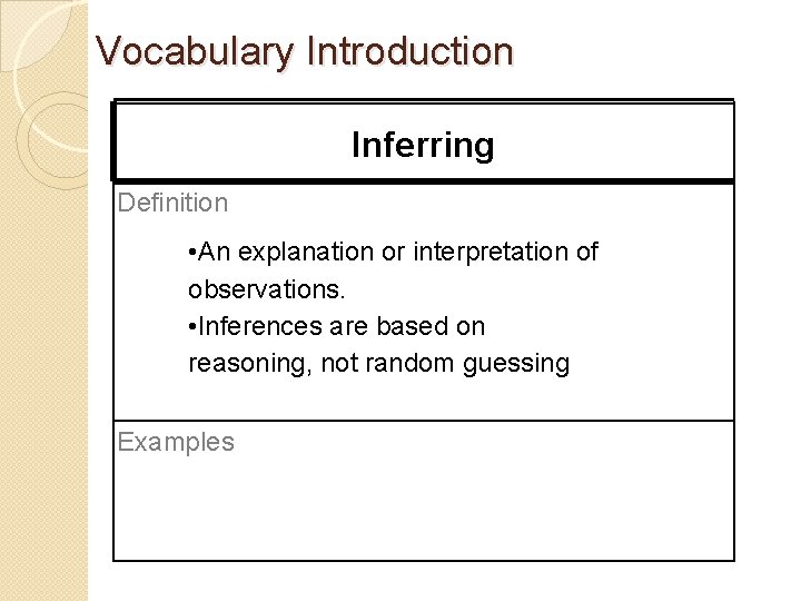 Vocabulary Introduction Inferring Definition • An explanation or interpretation of observations. • Inferences are