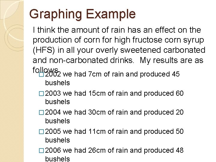 Graphing Example I think the amount of rain has an effect on the production