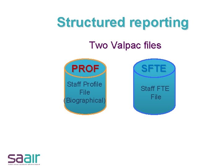 Structured reporting Two Valpac files PROF SFTE Staff Profile File (Biographical) Staff FTE File